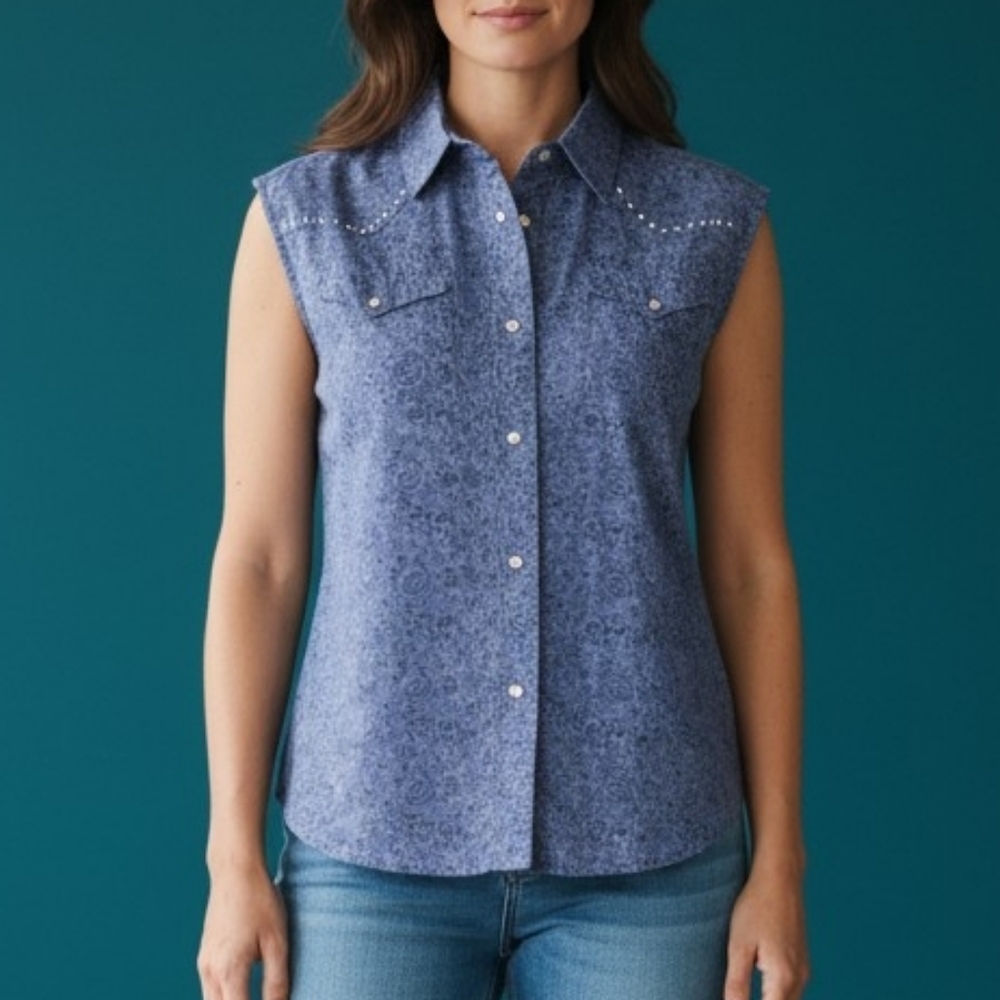 3/$30 VTG CRAZY COWGIRL Floral Rose Snap Button Sleeveless Rodeo Shirt